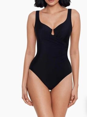 Miraclesuit Black V-Key Ruched One-Piece Swimsuit NWT Size 8